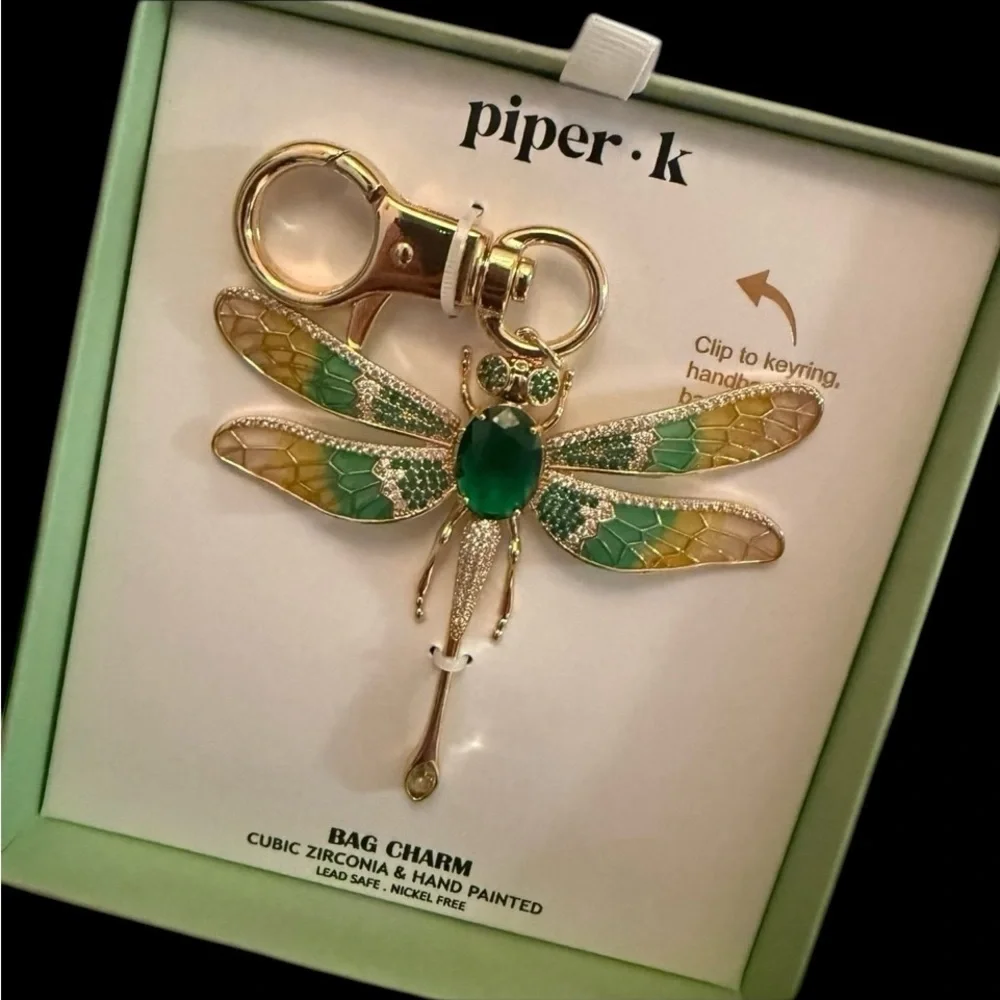 PIPER K Dragonfly Gold Hand-Painted with CZ Articulated Wings Bag Charm  NEW NWT
